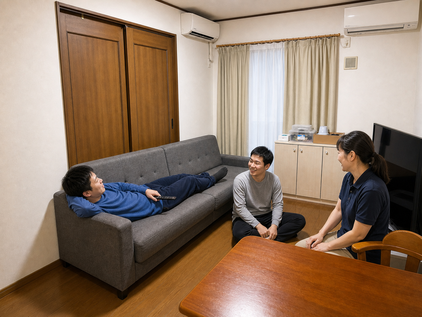 夜、ソファでくつろぐ利用者とスタッフ